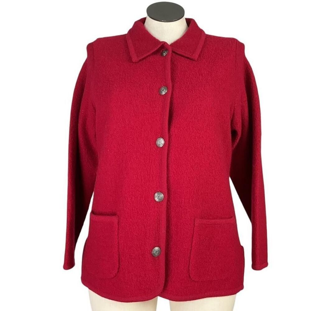Appleseeds Cardigan Sweater Women L Red Wool Pockets Collar Button Front Jacket - Picture 2 of 9